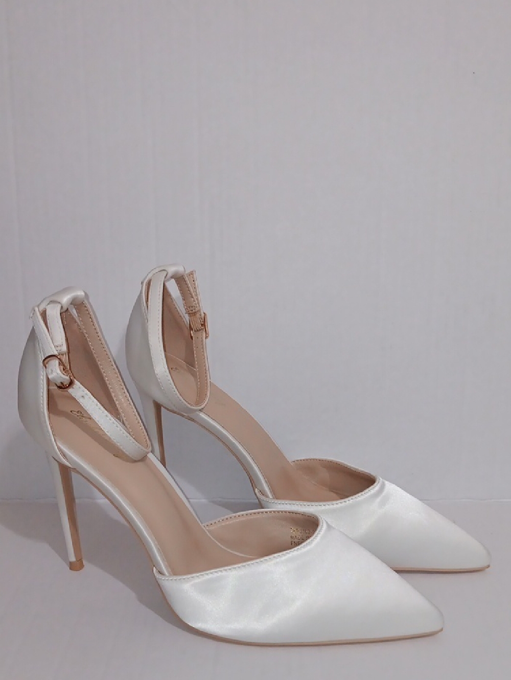 White Satin Pointed-Toe Ankle-Strap Stilettos